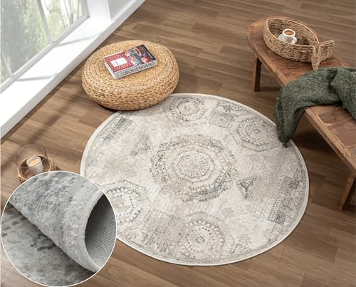 MY-RUG Teppich Olav rund Creme 120 x 120 cm Runder Esszimmerteppich in kurzflor, Badezimmerteppich in Beige Grau meliert für das Wohnzimmer