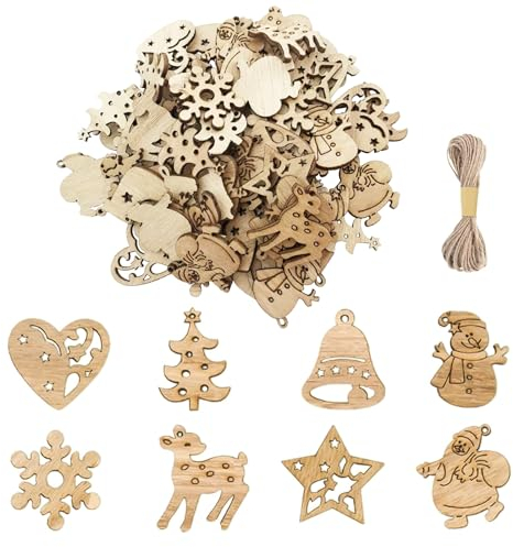 100 Stück Kleine Anhänger Holz Weihnachtsschmuck, Mini Weihnachtsbaumanhänger, Streudeko Weihnachten, Weihnachtsdeko Holz für DIY Basteln Bemalen Färben Tischdeko (Stil 1)