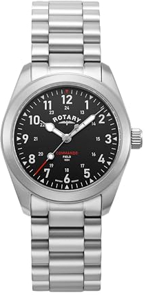 Rotary Herren Quartz Armbanduhr, 37.00mm Gehäusegröße mit schwarz analog Zifferblatt und Silber Metallarmband Armband GB05535/19