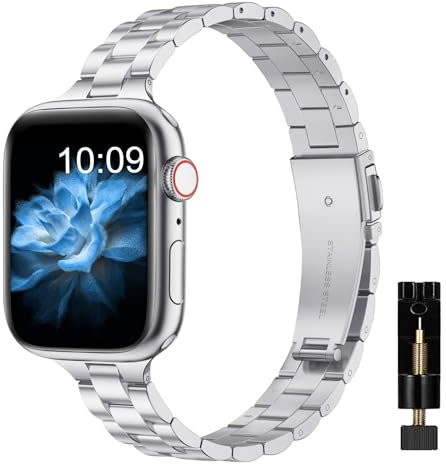 MaEiol Metal Correa para Apple Watch 49mm /45mm /44mm /42mm /46mm(Series 11/10), Correas Acero Inoxidable Delgada Pulsera Repuestopara Apple Watch Ultra/SE/Series 11 10 9 8 7 6 5 4 3 2 1, Plata