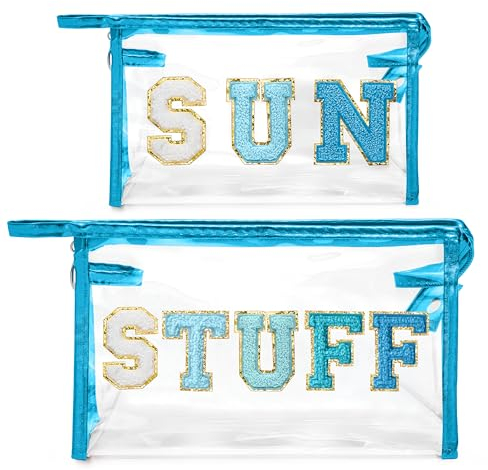 Y1tvei Chenille Brief Makeup Taschen - 2 Stück Varsity STUFF Preppy Patch Tragbare Reise Kosmetiktasche Kulturbeutel Transparent PVC Wasserdicht Kosmetik Bag mit Reißverschluss für Mädchen Damen(Blau)