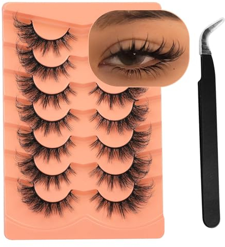 Kryzalite Lot de 7 paires de faux cils avec pince à épiler, cils artificiels, cils yeux de chat, bandes moelleuses vison, cils yeux de renard