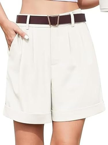 YGJIEGENG Womens Shorts with Pockets Lightweight Elasticated Summer Easy Care Ladies Travelling Pull on Comfy Lounge Shorts,Beige White,M