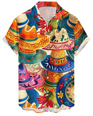 Herrenhemd, kurzärmelig, mit Knopfleiste, abstrakt, bedruckt, lässig, Strand-Top, Cinco De Mayo Mütze, Klein