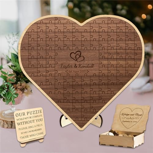 GGUIUIC Personalisiertes Puzzle Hochzeit Gästebuch Alternative Herz Hochzeit Gästebuch Zeichen Rustikale Hochzeit Dekorationen für den Empfang Holz Hochzeit Gästebuch Ideen für Baby-Dusche-Jubiläum