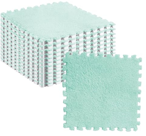 10 Stück Plüschschaum-Bodenmatte, Quadratische Ineinandergreifende Teppichfliesen, rutschfeste Teppiche für Wohnzimmer, Schlafzimmer, Dekoration, 31 X 29 cm (Mintgrün Weiß)