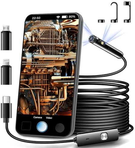 Aurtec Endoskop-Inspektionskamera mit Zwei Linsen, Dual-HD-Objektiv, IP68 wasserdicht, 5 m, halbstarres Kabel, Boreskopkamera mit LED-Leuchten, kompatibel mit Android- und iOS-Geräten