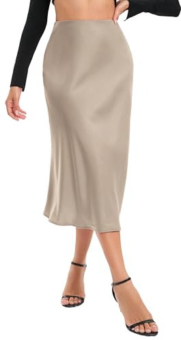 Timuspo Maxirock Damen Satin Rock Hohe Taille Midi Sommerrock Lang A-Linie Elegant Röcke Sommer Skirt mit Reißverschluss Business Party Khaki Grau M
