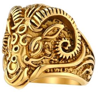 PAMTIER Herrenringe Vintage Gothic Edelstahl Ringe Widder Schaf Ziege Kopf Horn Biker Ringe Punk Style Gold Größe 57 (18.1)