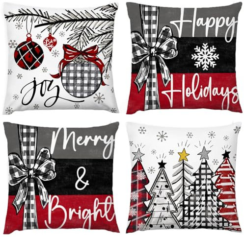 KEIROUTK Christmas Cushion Covers 18x18 Inch Set of 4 Xmas Trees Farmhouse Cushion Cases Decorative Decoration for Home Sofa Cushion Covers 45 X 45 CM Christmas Stag Snowflake