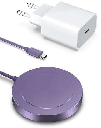 Mag-Safe Ladegerät Wireless Charger für iPhone: Magnet Ladestation Induktive kabellos Ladepad Kompatibel mit iPhone 16 15 14 13 12 und Air-Pods 3 2 Pro mit 20W Schnelles Adapter(Violett)