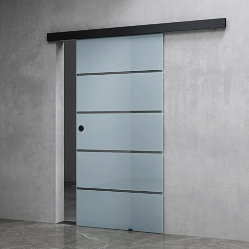 Mai & Mai Porta Scorrevole in Vetro 77.5x205cm, Porta Scorrevole in Vetro Satinato 8mm in 5 Strisce con Binario e Maniglia Rotonda per Bagno Cucina Studio Ufficio, Nero, Amalfi-plus 11