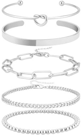 TOFBS 5 Stück Armband für Damen Elegant Retro Stapelbares Armbänder Set Verstellbares Mehrlagiges Kettenarmband Armreif Modeschmuck Kreatives Geschenk(Silber)