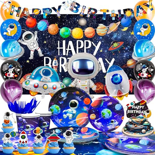88pcs Space Themed Party Decorations - Astronaut Birthday Balloons Banner Backdrop Plates Napkins Tablecloth
