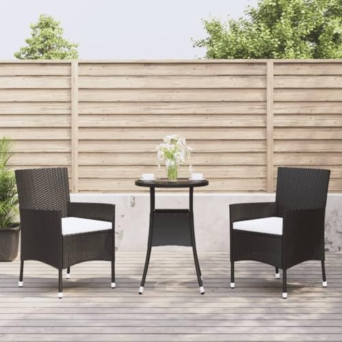 WEMYUFURN 3-TLG. Garten-Bistro-Set mit Kissen Schwarz Poly Rattan, Outdoor-Sitzgruppe, Terrassen-Lounge-Set, Garten-Couchgarnitur - Wetterbeständig, Komfortabel - für Terrasse, Garten und Balkon