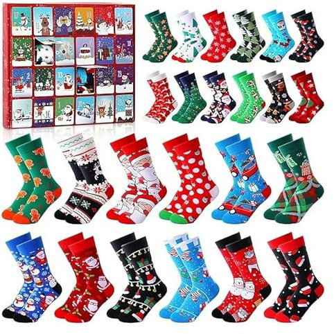 Socken-Adventskalender 2024, 24 Paar Weihnachtssocken, für Erwachsene, Herren, Damen, lustige Socken Countdown bis Weihnachten 2024, als Geschenk