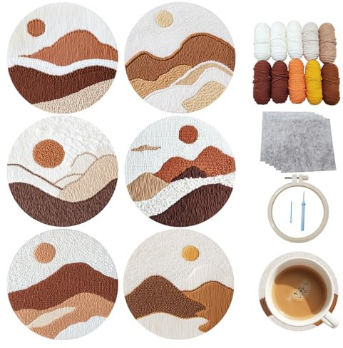 cukol cukol 6pcs Punch Needle Dessous de Verre Kit Adulte Enfant Debutant, Paysage Kit D'Aiguilles à Poinçonner Punch Needle Dessous Sous Verre Set Originaux