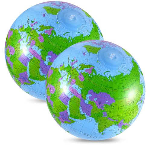 Abeillo 2 Stück 25cm Wasserball Aufblasbar,Lustige Wasserball Weltkugel,Bunt Aufblasbare Globe,Strandball Aufblasbare Wasserbälle,Schwimmball Beach Ball für Strand Pool Party,Geographie(Blau)