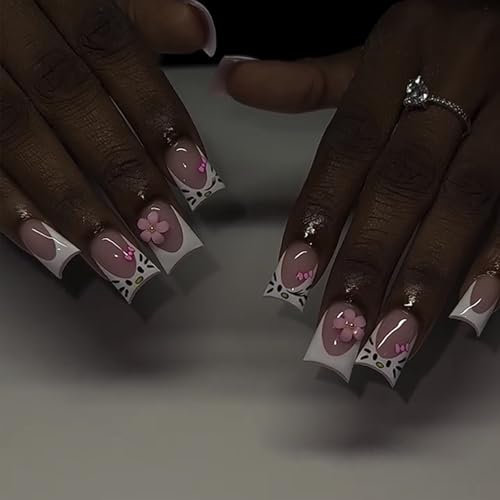 Press On Nails French Tip - Short Square False Nails - Cute Hello Kitty Stick On Nails With 3D Flower Design - Glossy Full Cover Artificial nails French Tip For Women nail Decoration