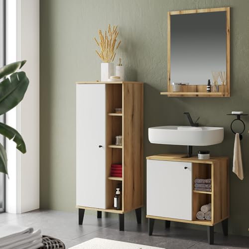 Lomadox Badmöbel-Set 3-teilig mit Waschbeckenunterschrank 60 cm, Spiegel, Midischrank, in Eiche und weiß, modern