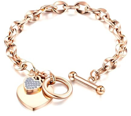 MGJ™ Swarovski Crystal Heart Charm Toggle Bracelet for Women - Hypoallergenic Silver/Rose Gold Jewellery Gift for Her (Rose Gold)