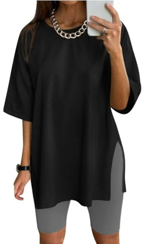 Tarotong Damen Oversized Tshirt Longshirt Lässig V-Ausschnitt Oberteile Sommer Sportshirt Lockere Funktionsshirt Einfarbig Blusen Tuniken mit Schlitze