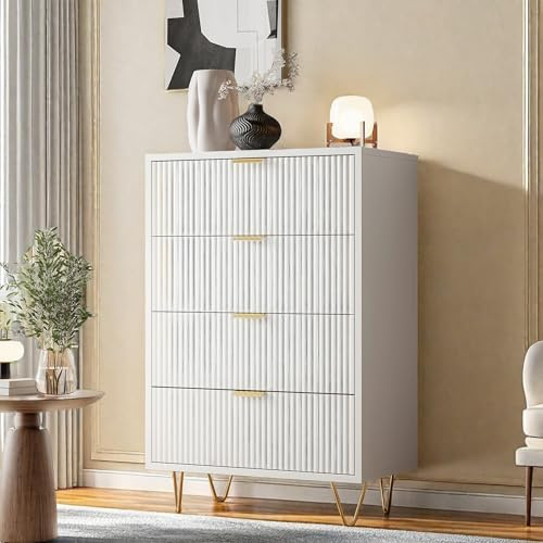 KatFash Kommode mit 4 Schubladen, Weiß, 60 x 34x 91cm, Wellenförmiges Design, Goldene Metallbeine,Schubladenschrank,Holz Sideboard für Schlafzimmer, Wohnzimmer, Küche