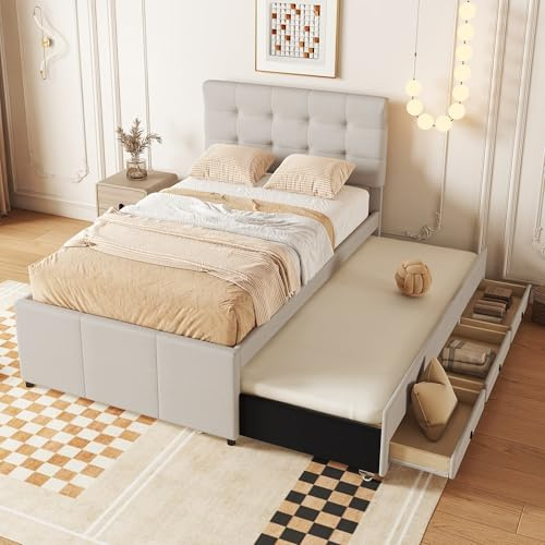 Fppuueg Cama Tapizada 90x200 cm con Cama Nido 90x190, Cama Infantil con 3 Cajones, Camas Juveniles con Cabecero Ajustable, Estructura de Cama Individual con Láminas de Madera, Lino, Beige, Sin Colchón