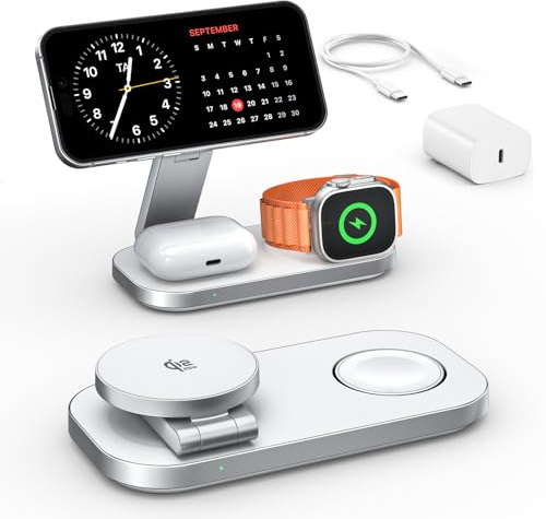 Qi2 25W Estación de Carga 3 en 1 para Apple, Soporte Plegable de Carga Rápida Magnética Compatible con mag-Safe para iPhone 17e/17/16/15/14/13/12/Air, Apple Watch y AirPods Pro/4/3/2-Blanco