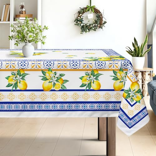 hometrixx Tischdecke Sommer Zitronen Mediterrane Fliesen 140x180cm Blau | Tischdecken Abwaschbar,Fleckabweisend,Pflegeleicht,Polyester Tischtuch Rechteckig,für Party Picknick Abendessen Küche Dekor