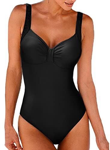 Yuson Girl Femme Elégant Maillot de Bain Vintage 1 Pièce Taille Haute Amincissant Imprimé Dos Nu Bra Push Up Rembourré Monokini Ventre Plat Straps(A-Noir, XXL)