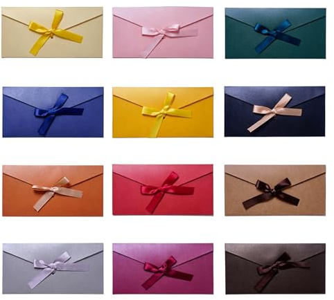 12 Stück Briefumschläge Bunt Mit Schleife 22x11cm Perlglanzpapier Set | Für Gutschein Und Einladung, Selbstklebend, Elegant, Hochwertig, Zwölf Stücke, Mehrfarbig, Festlich, Hochzeit, Karte, Brief