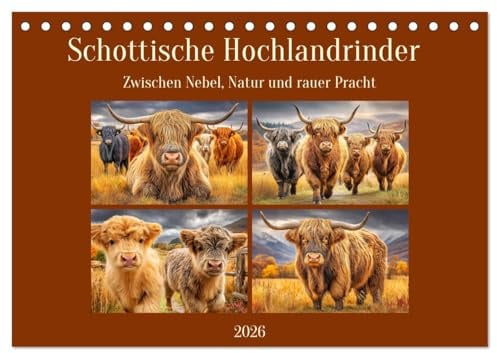 Schottische Hochlandrinder. Zwischen Nebel, Natur und rauer Pracht (Tischkalender 2026 DIN A5 quer), CALVENDO Monatskalender: Majestätische Hochlandrinder in magischer Landschaft (CALVENDO Tiere)
