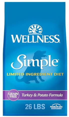 Wellness Simple Limited Ingredient Adult Dry Dog Food, Grain Free Kibble, Sensitive Stomach, Skin & Coat Support, Natural, Chicken Free, Turkey and Potato Recipe, 26 lb Bag