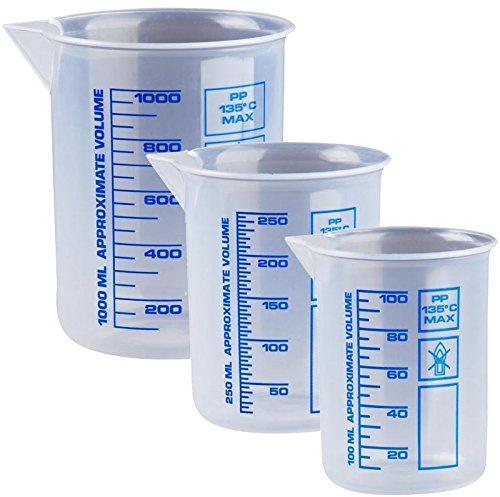 Drei Mess-Becher a 100, 250, 1000 ml, natur große Dosierbecher, transparent Griffinbecher Kosmetex, Set groß