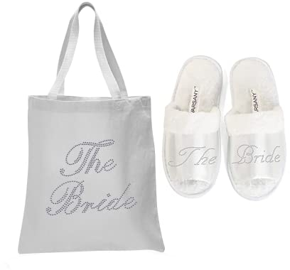 Varsany Hausschuhe mit offenem Zehenbereich und Tragetasche, Weiß mit Kristallen, Hochzeit Braut Geschenk Junggesellinenabschied The Bride