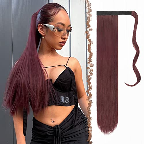 FESHFEN Cola de Caballo Extensiones 60 cm Largo Liso Postizos de Pelo Natural Sintética Ponytail Extensiones de Cabello Coleta Postizos para Mujeres, Vino Tinto