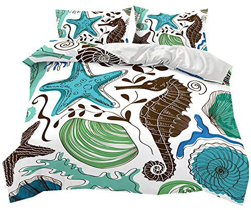 Stillshine Bettwäsche King Size Cartoon Seepferdchen Quallen Fisch Multicolor Ozean Welt Drucken Bettbezug 220x240 Mädchen Anti-Feuchtigkeit, Anti-Milbe, glatt und bequem