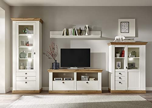 Wohnwand Côte d’Azur, Pinie weiß/Wotan Eiche NB, 356 (336) x 204 x 44-52 cm, Wohnzimmer, Wohnzimmerwand, Wohnzimmermöbel Ausführung mit Beleuchtung
