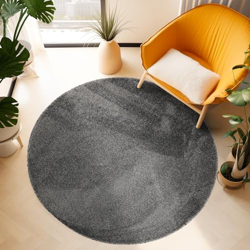 SIMPEX Teppich Rund 200 cm Grau, Kurzflor, Einfarbig, Modern, Pflegeleicht, rutschfest, Weicher Bodenteppich für Wohnzimmer, Esszimmer, Schlafbereich