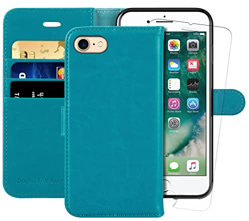 MONASAY iPhone SE 2022/2020 5G Case,iPhone 8 Wallet Case, iPhone 7 Case,4.7-inch, [Glass Screen Protector] Flip Folio Leather Cell Phone Cover with Credit Card Holder,Light Blue