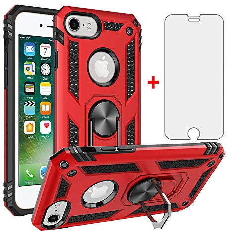 Phone Case for iPhone 6/6s/7/8 with Tempered Glass Screen Protector Stand Ring Holder Shockproof Silicone Heavy Duty Accessories i Phone6s Phone7s Phone7phone Six Seven 6a i6 i7 i8 7s 8s S Red