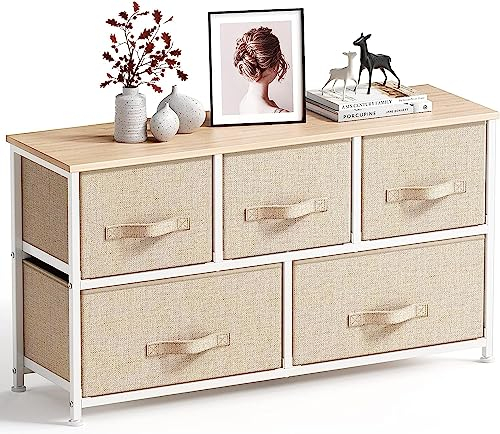Pipishell Kommode Schmal Schrank mit 5 Schubladen aus Stoff, praktische Aufbewahrungskommode, Ordnungsmöbel für Schlafzimmer, Kinderzimmer, Wohnungseingang, Flur, Beige