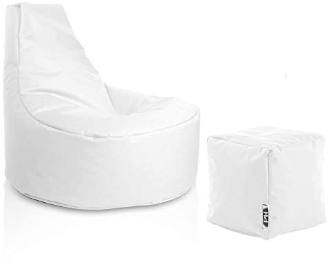 PATCH HOME Gamer Sessel inkl. Würfel Bean Bag Set Ø80cm, 30cm Sitzhöhe, 90cm Höhe + 35x35cm Würfel Weiß