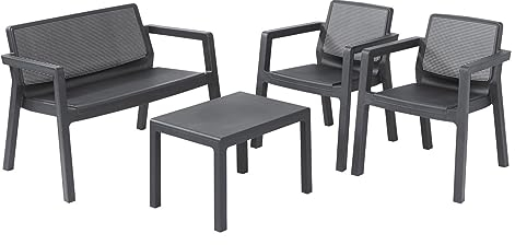 Allibert by Keter Emily Gartenmöbel set 4 teilig , für Garten und Balkon, grau, wetterfest , Sitzgruppe bestehend aus 2 Gartenstühle, 1 Beistelltisch und 1 Gartenbank, graphit, 251190