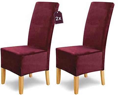 Scheffler Home Stuhlhussen Puma Velano Bordeaux 2er Set – Elastische waschbare Stuhlbezüge aus Samt für Esszimmerstühle und Polsterstühle – Edler Chenille Stuhlüberzug