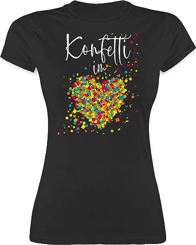 Shirt Damen - Karneval & Fasching - Konfetti im Herzen I - XL - Schwarz - Tshirt Faschings-t-Shirt Faschings köln für Frauen Party Karnevals t- Shirts fassenacht Herz Tshirts t karnevalsshirts