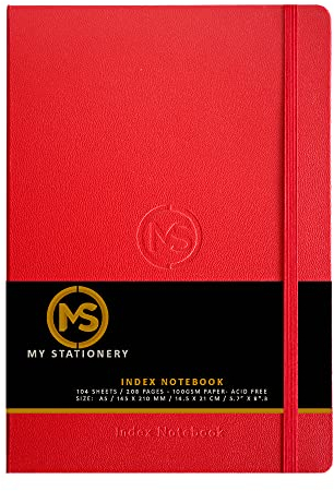 MS MY STATIONERY A5-Notizbuch, fester Einband, Kunstledereinband, 8 mm linierter Rand, A-Z, 264 Seiten (132 Blatt), 100 g/m², weißes Papier, roter Einband
