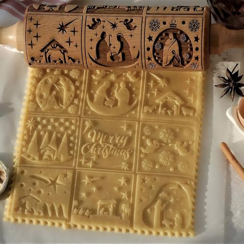 XINBADA Mattarello in rilievo con presepe natalizio, perfetto per decorare biscotti, mattarello in legno per biscotti e pasticcini, stampo per biscotti a tema natalizio
