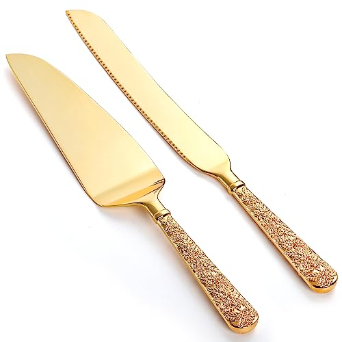 Dicunoy 2 PCS Gold Cake Knife and Server Set, Wedding Cake Cutting Utensils, Vintage Engraved Birthday Cake Knife, Cake Cutter and Serving Spatula for Birthday, Party, Anniversary